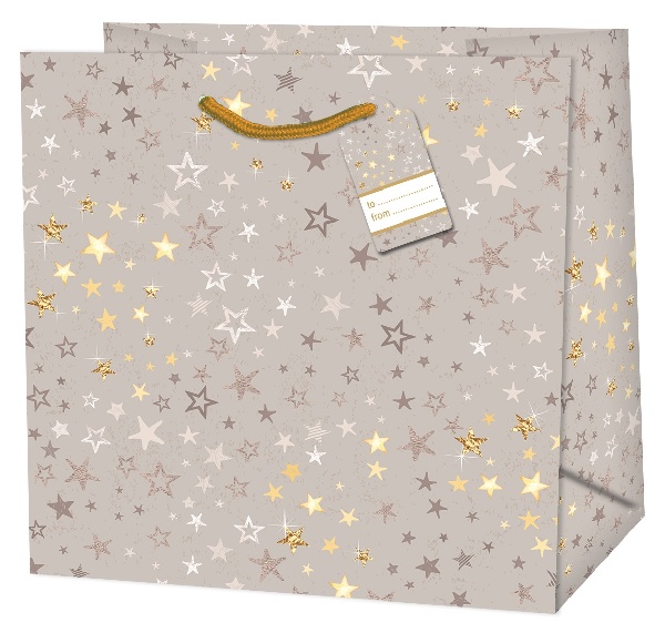 Taška dárková čtvercová Hvězdy zlato-stříbrné 15 x 14,5 x 6 cm