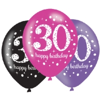 Balnky latexov Sparkling Happy Birthday rov "30" 27,5 cm 6 ks