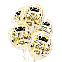 Balnky latexov transparentn s konfetami Happy Birthday zlat 30 cm 1ks