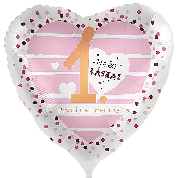 Balónek fóliový český nápis Srdce Naše láska 1. narozeniny růžový 43 cm