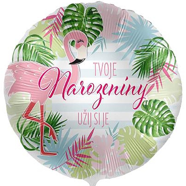 Balónek fóliový český nápis Tvoje Narozeniny Plameňák 43 cm
