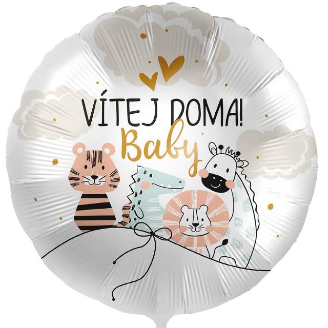 Balónek fóliový český nápis Srdce Vítej doma Baby Zvířátka 43 cm