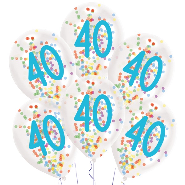 Balónky latexové transparentní s konfetami "40" 27,5 cm 6 ks