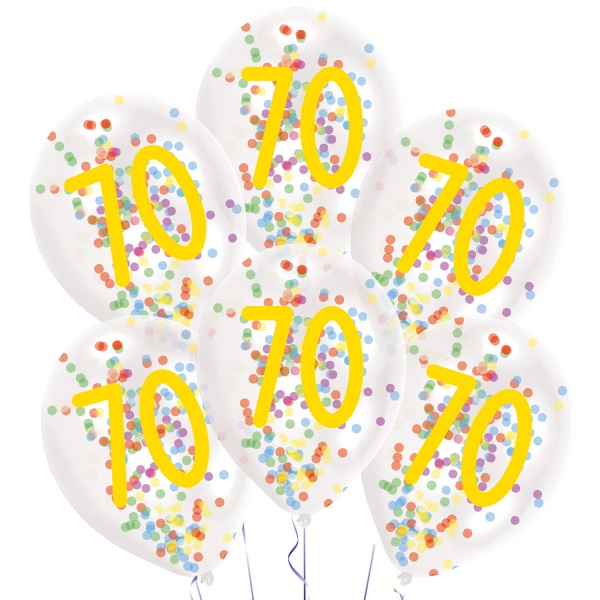 Levně Balónky latexové transparentní s konfetami "70" 27,5 cm 6 ks