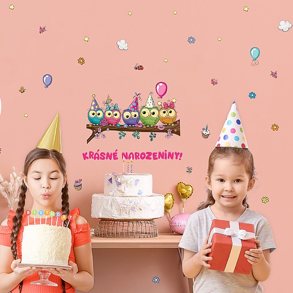 Nálepka na fotozeď Sovičky Krásné narozeniny růžový 45x65 cm