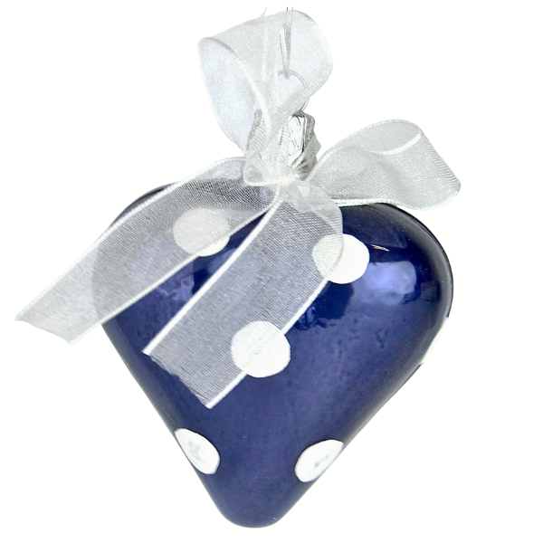 Ozdoba vánoční Tmavě modrý porcelán puntík - srdce 6 cm