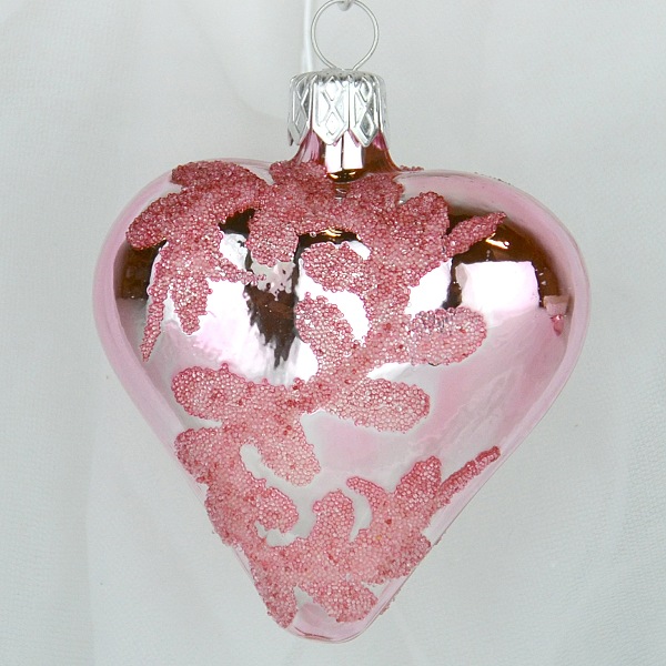 OZDOBY VÁNOČNÍ Růžový lesk srdce 6cm