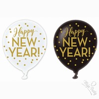 Balónky latexové černé a bílé Happy New Year 6ks	