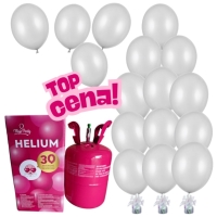 Helium s 18 b�l�mi metalick�mi balonky + 3 t��tka