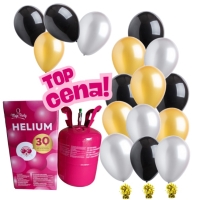 Helium s bal�nky 18 ks (6 zlat�ch, 6 �ern�ch, 6 st��brn�ch) 3 zlat� t��tka
