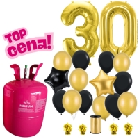 Helium set - helium50, 30 ��slice zlat�, 2 foliov� balonky hv�zda, 6 balonk� zlat�ch 30 cm,6 bal�nk� �ern�ch  zlat� stuha, 4 t��tka