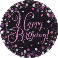 Talíře papírové Sparkling Celebrations Happy Birthday růžové 23 cm 8 ks