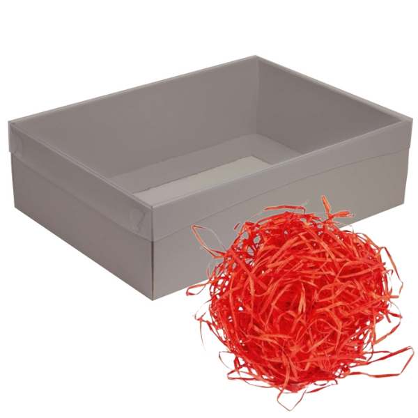 Dárková krabice s průhledným víkem šedá + červená výplň 35x25x10cm