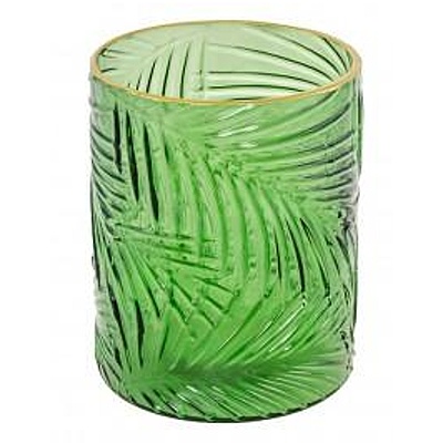 Svícen skleněný na čajovou svíčku - Listy zelený 10 x 12,5 cm