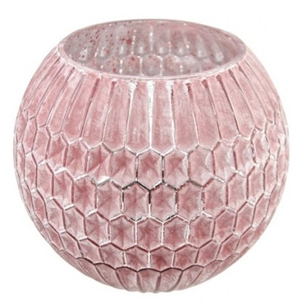 Svícen skleněný na čajovou svíčku růžový kulatý 15 x 13 cm