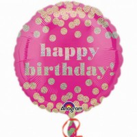 BALÓNEK fóliový kulatý Happy Birthday růžový s puntíky