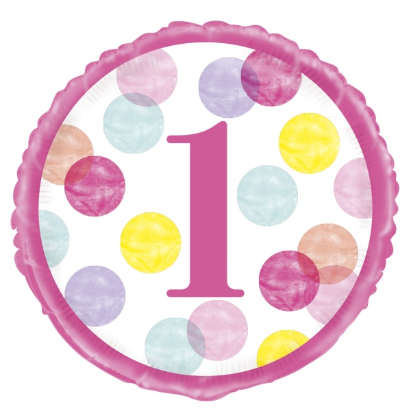 Levně Balónek fóliový 1. narozeniny růžový s puntíky