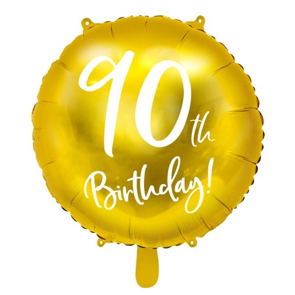 Balónek fóliový 90. narozeniny zlatý s bílým nápisem