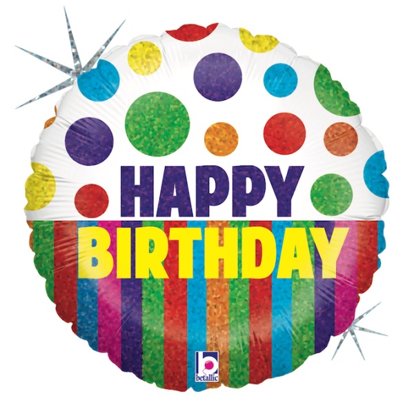 Balónek fóliový Happy Birthday Puntíky a proužky 46 cm