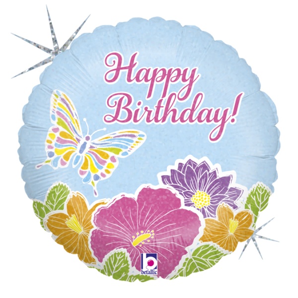 Balónek fóliový Happy Birthday s motýlem a květinami 46 cm
