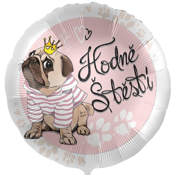 Balónek fóliový český nápis Hodně štěstí Mopsík růžový 45 cm