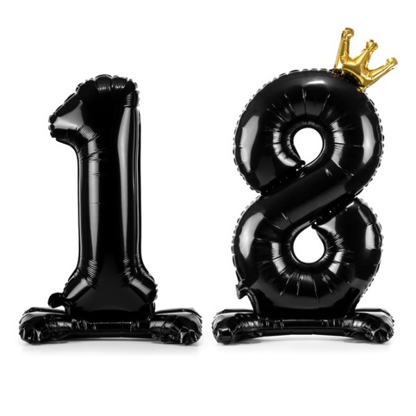 Balónek fóliový číslo 18 s korunkou, samostojný černý 84 cm