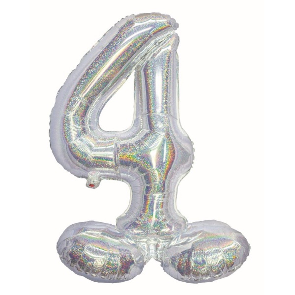 Balónek fóliový číslo 4 samostojné holografické stříbrné 72 cm