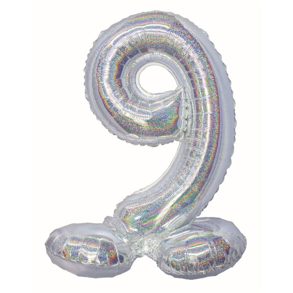Balónek fóliový číslo 9 samostojné holografické stříbrné 72 cm