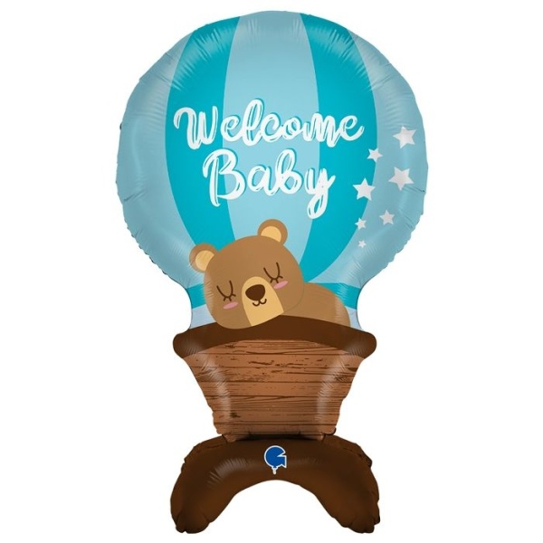 Balónek fóliový samostojný balón modrý Welcome Baby 97 cm