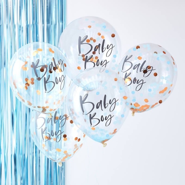 Levně Balónky s konfetami Baby Boy modré 5 ks