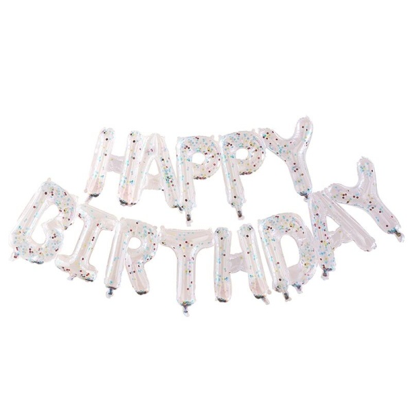Balónky fóliové nápis Happy Birthday transparentní s konfetami v.34 cm