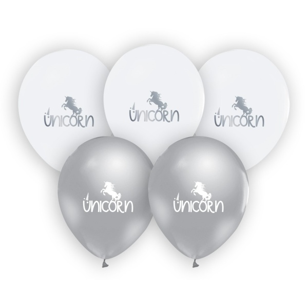 Balónky latexové Jednorožec bílo-stříbrné 30 cm 5 ks