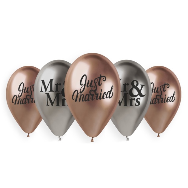 Balónky latexové chromové Just Married-Mr&Mrs 33 cm 5 ks