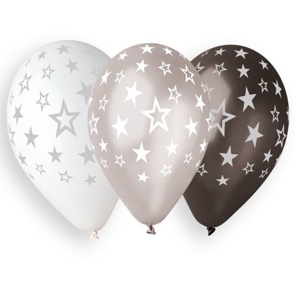 Balónky latexové s hvězdami stříbrný mix 33 cm 6 ks
