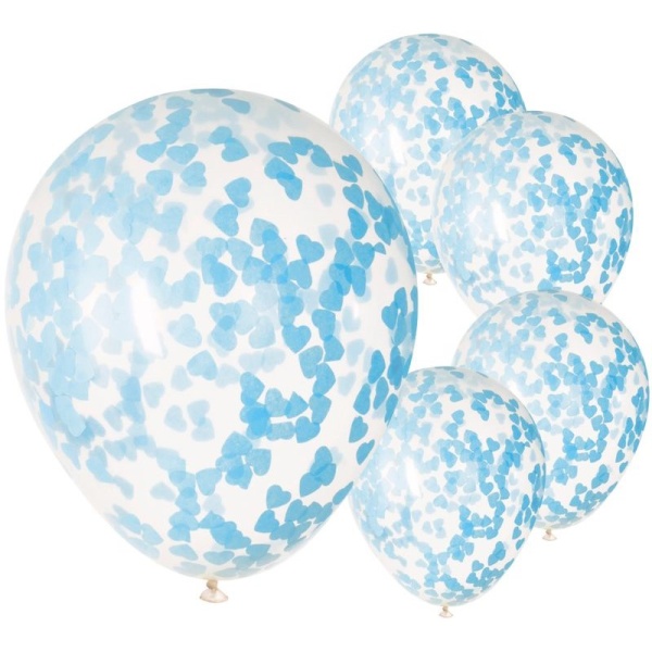Levně Balónky latexové transparentní s konfetami modrá srdíčka 5 ks