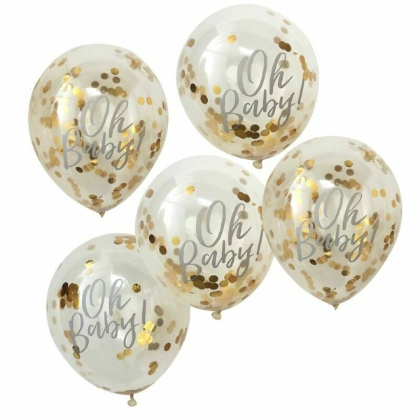 Balónky průhledné 30 cm se zlatými konfetami Oh Baby 5 ks