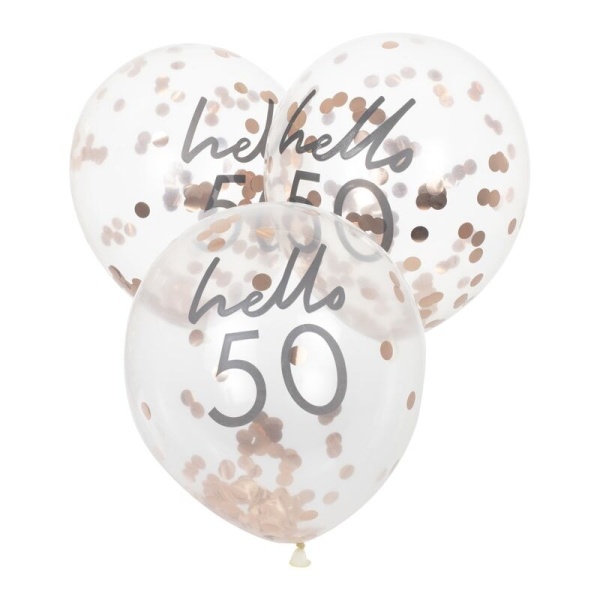 Levně Balónky průhledné 30 cm narozeninové s konfetami Hello 50