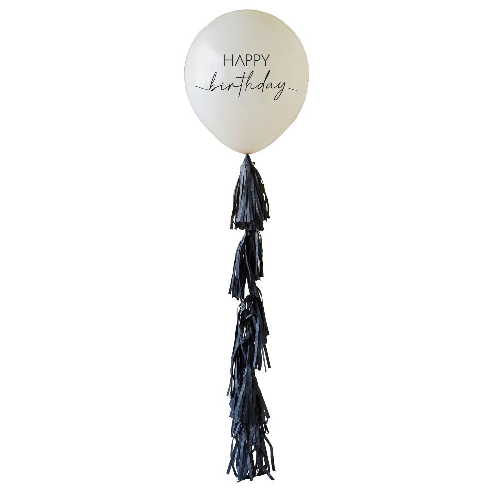Levně Balón latexový Happy Birthday se střapcovým ocasem tělová/černá 60 cm