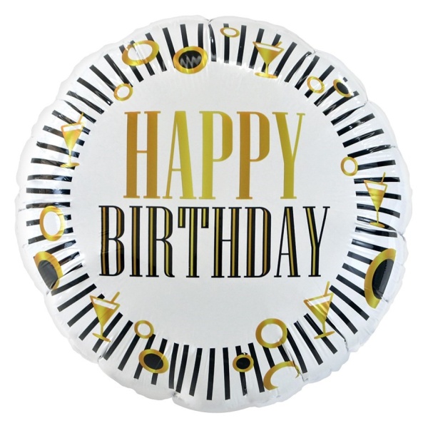 Balónek fóliový Happy Birthday proužky a kolečka černá/zlatá 46 cm