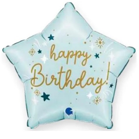 Balónek fóliový Hvězda Happy Birthday světle modrá 46 cm