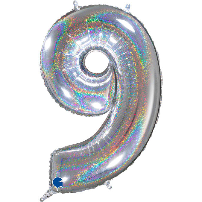 Balónek fóliový číslice 9 holografická stříbrná 102 cm