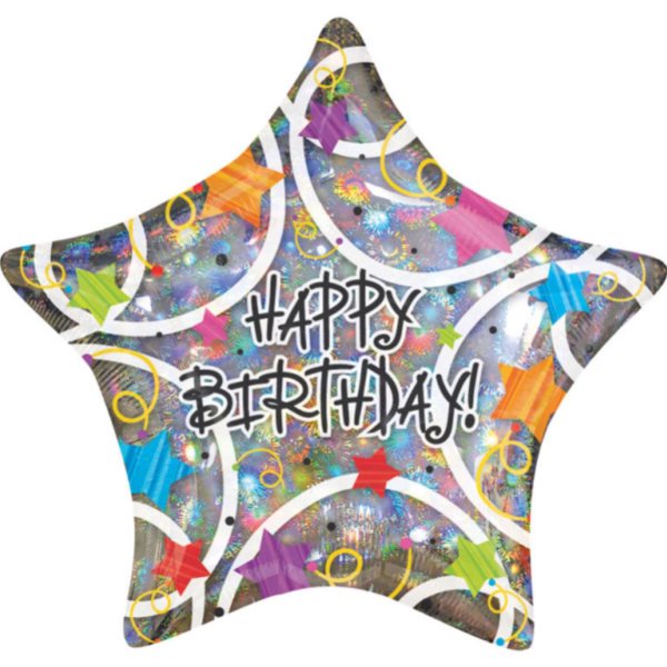 Balónek fóliový holografická hvězda Happy Birthday 45 cm