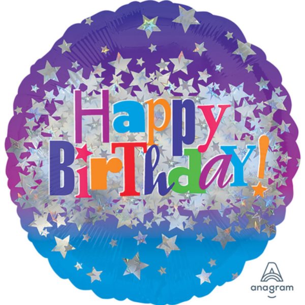 Balónek fóliový kulatý Happy Birthday holografické hvězdy 45 cm
