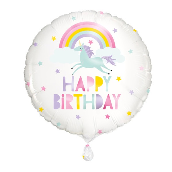 Levně Balónek fóliový kulatý Rainbow Unicorn Happy Birthday 45 cm