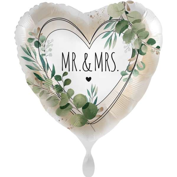 Balónek fóliový srdce Mr & Mrs Listy 43 cm