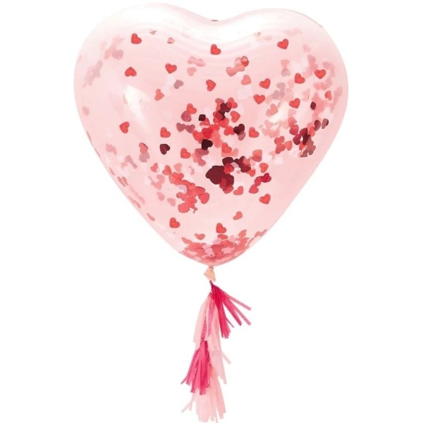 Levně Balónky průhledné 91 cm s konfetami a střapci Srdce