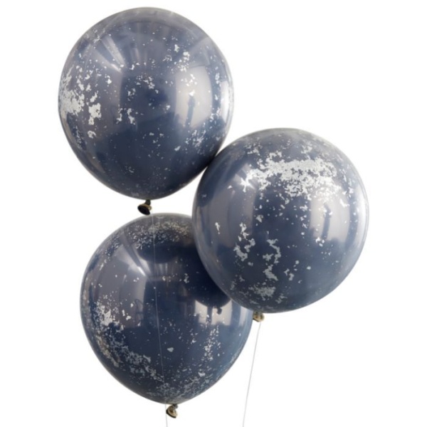 Balónky průhledné 46 cm dvouvrstvé, tmavě modré se stříbrnými konfetami 3 ks