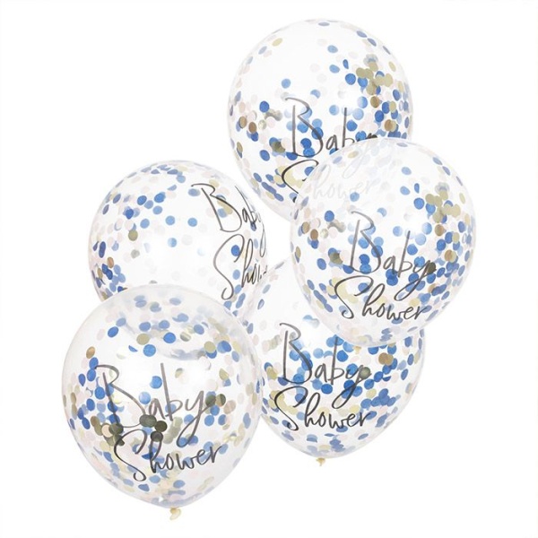 Balónky latexové Baby Shower transparentní s modrými a růžovými konfetami 5 ks
