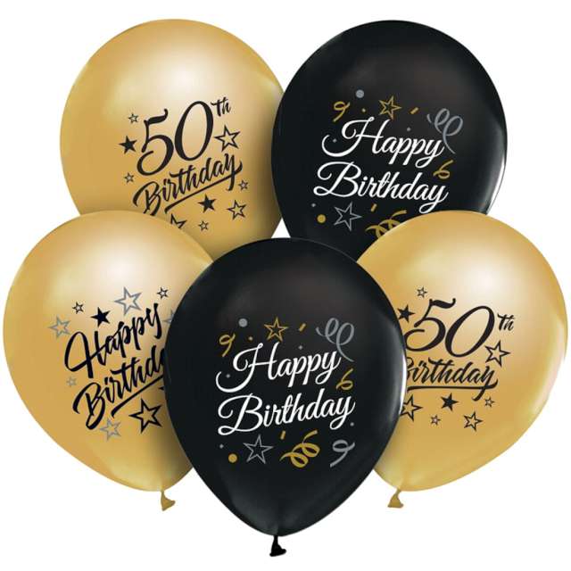 Balónky latexové Happy 50 Birthday černá/zlatá 30 cm 5 ks