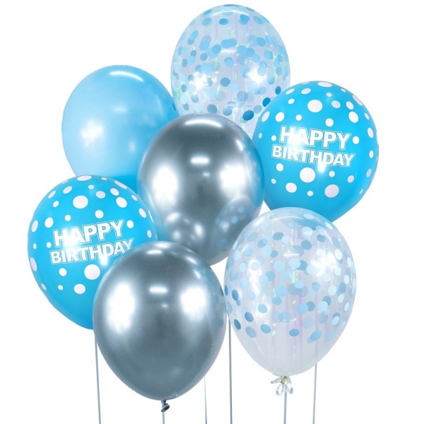 Levně Balónky latexové Happy Birthday stříbrné/modré s puntíky 30 cm 7 ks